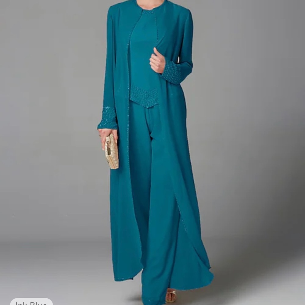 CHIFFON PANTSUIT WITH JACKET & SEQUINS - Ink Blue size 14 NWT